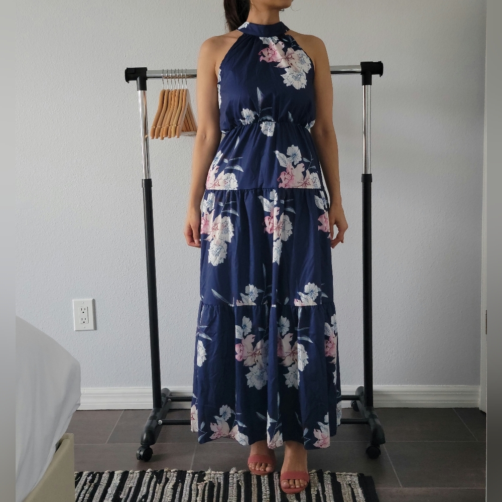 Bellanblue's Closet Boho Blue Gypsy Floral Halter Ruffle Maxi Dress